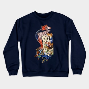 WEIRD MEDIEVAL BESTIARY Dragon and Spinning Harpy Among Flowers Crewneck Sweatshirt